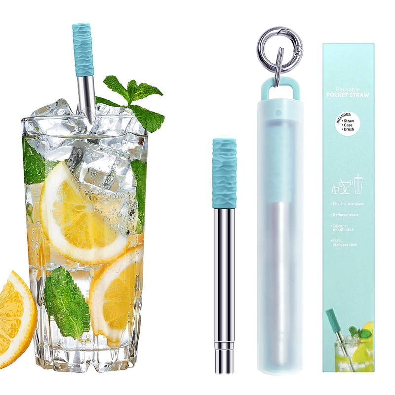 Bộ Ống Hút Bằng Thép Không Gỉ Đầu Tròn/Cong Tái Sử Dụng Kèm Vỏ Bọc Nhựa Và Bàn Chải Nhỏ Bằng Inox Sáng Tạo