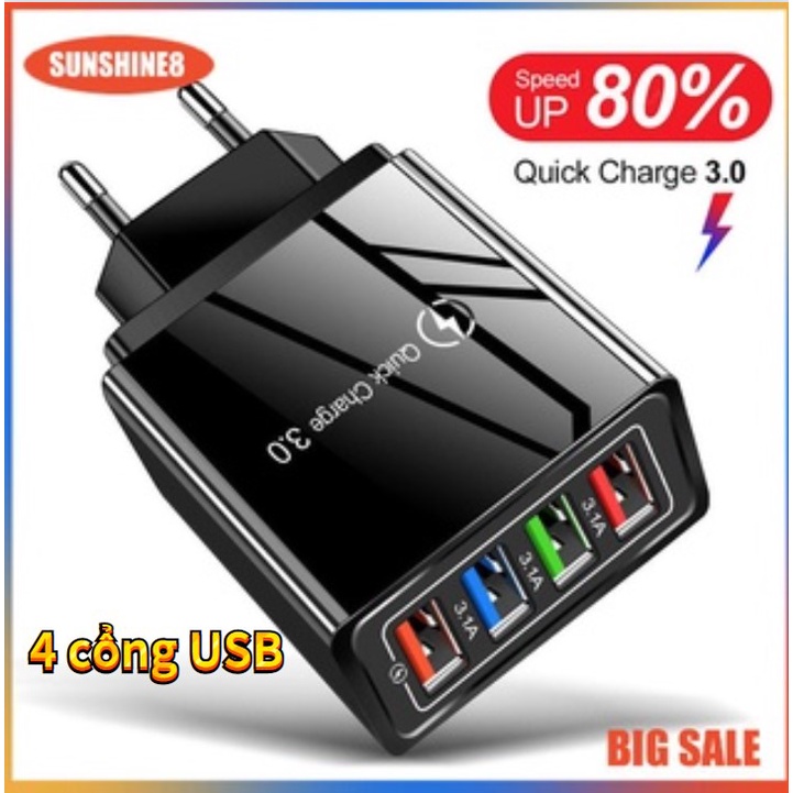 【SUN】Củ Sạc 4U Cổng USB Phích Cắm EU Cho Điện Thoại Di Động