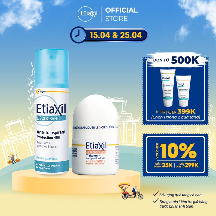 Combo Lăn khử mùi và điều tiết mồ hôi Etiaxil Nhãn Nâu 15ML và Xịt Khử mùi hàng ngày Etiaxil 100ML