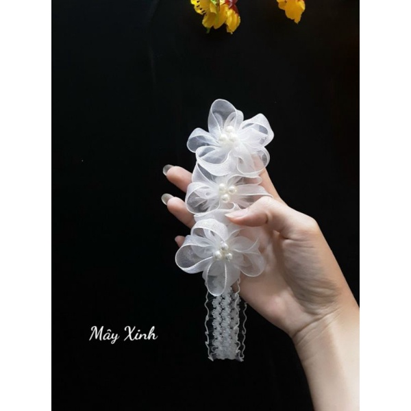 Băng đô tóc giả  hoa trắng nhũ to xinh nhiều màu cho bé