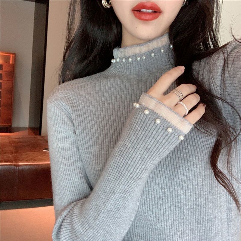 Áo dệt kim tay dài cổ cao phối ren đính ngọc trai giả thời trang dành cho nữ