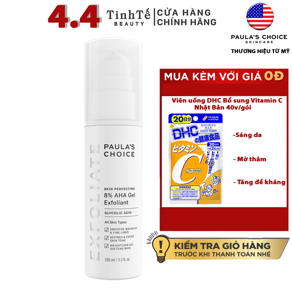 [Mã FMCGMALL -8% đơn 250K] Loại bỏ tết bào chết 8% AHA gel Paula's Choice SKIN PERFECTING 8% AHA GEL EXFOLIANT 15/100ml