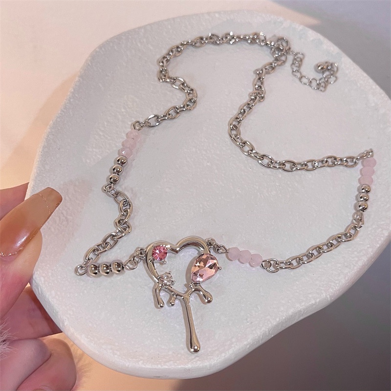 Vòng cổ Mặt Trái Tim Đính Đá zircon Màu Hồng Sang Trọng Phong Cách Hàn Quốc