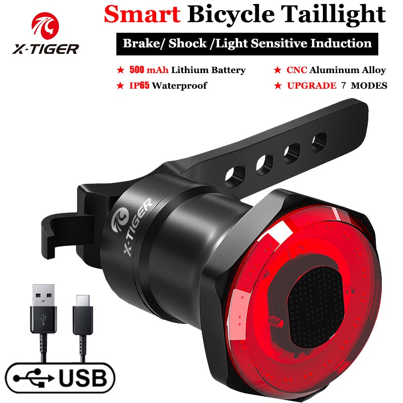X-TIGER Đèn hậu xe đạp Cảm biến thông minh Đèn cảnh báo lái xe ban đêm Đèn báo xe đạp có thể sạc lại USB