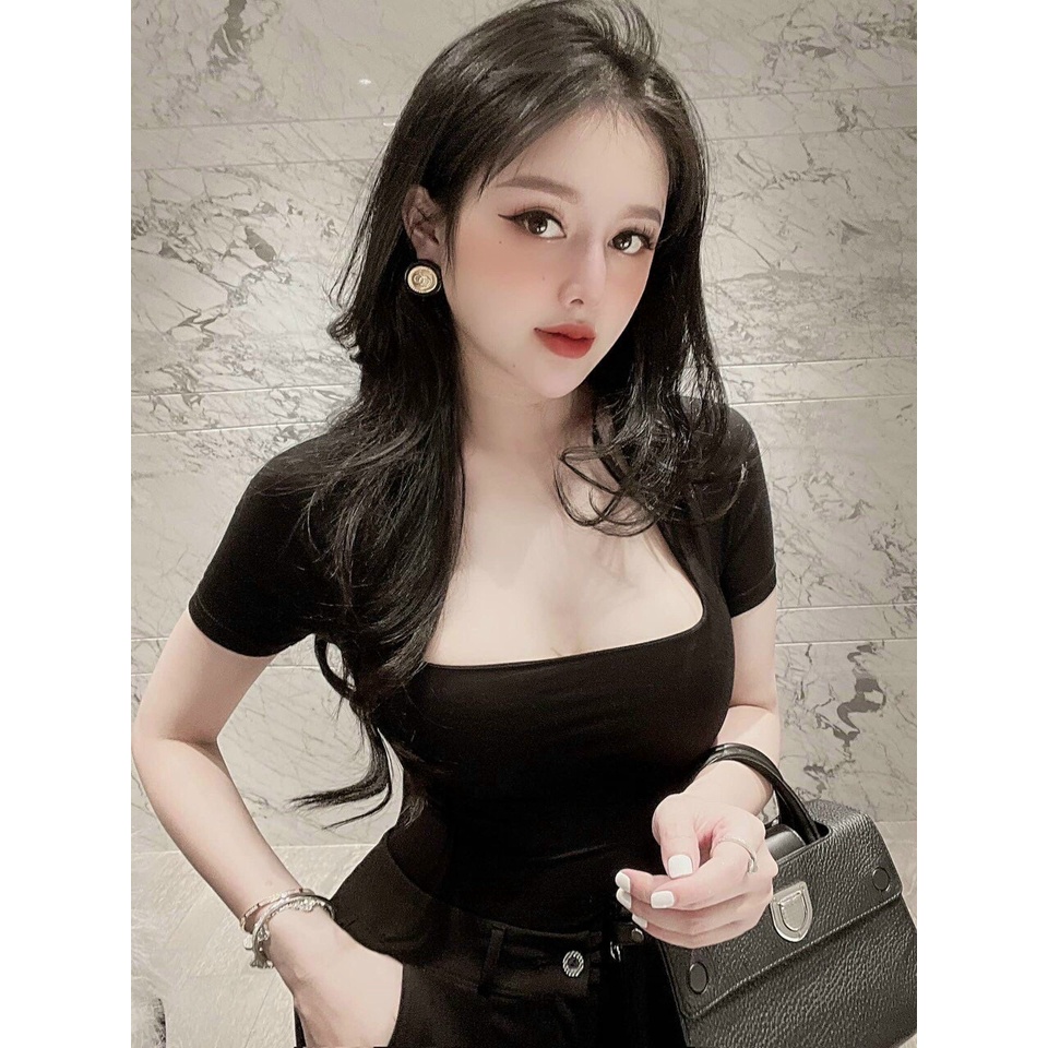 Áo thun kiểu cổ vuông ngắn tay, Áo kiểu dáng ôm cổ U sexxy co giãn AT5538 - NhiNhi Shop
