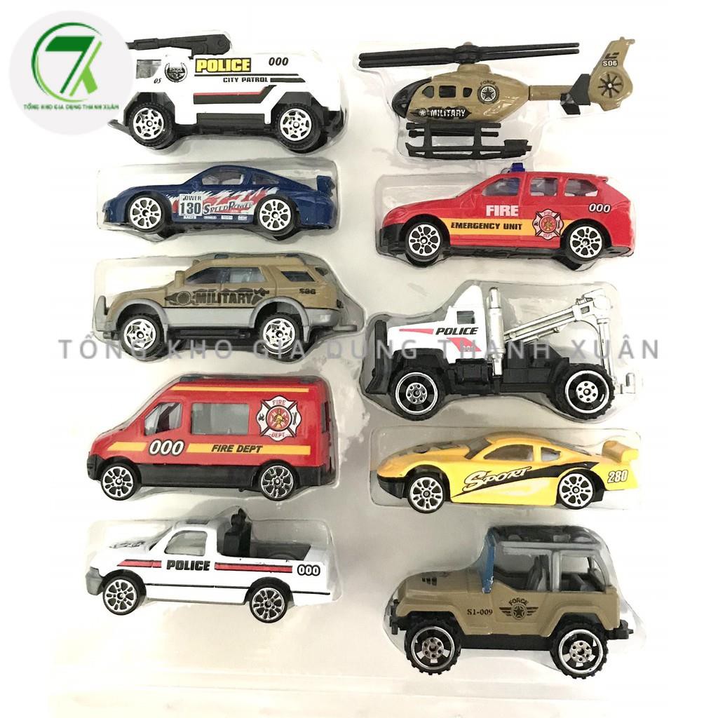 Đồ chơi mô hình xe ô tô đồ chơi cứu hỏa, cảnh sát, quân sự, máy bay, xe tăng, hộp 10 xe cho các bé vui chơi thỏa thích