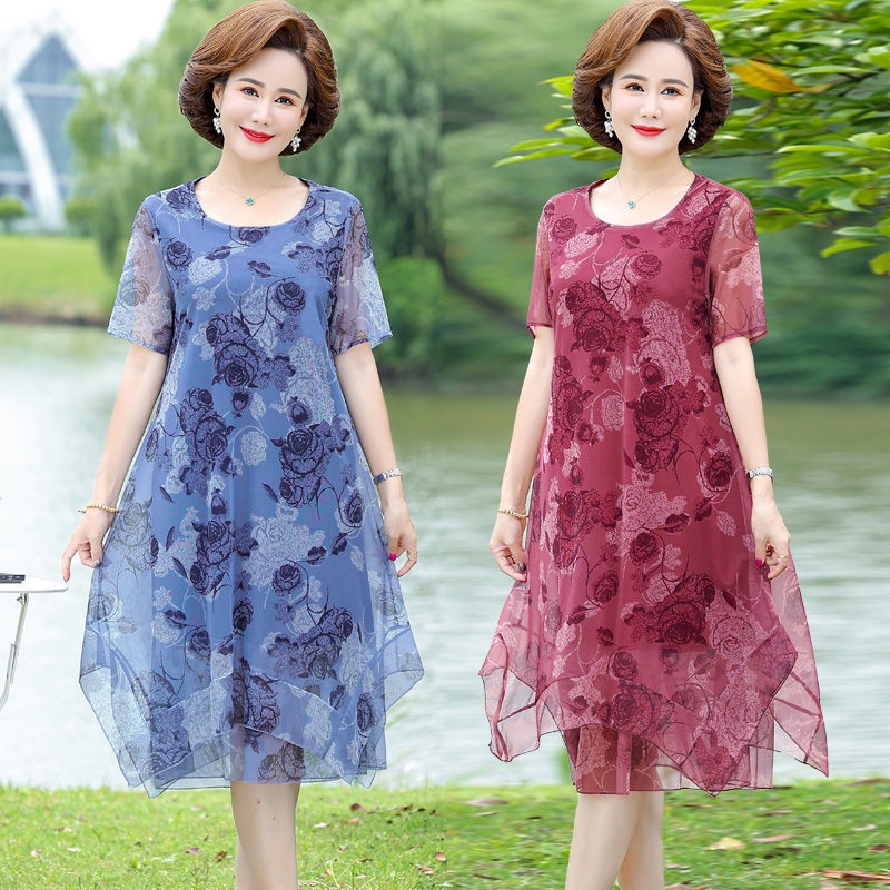 Quần áo mùa hè cho phụ nữ trung niên và cao tuổi, đầm voan ngắn tay cho bà mẹ 40-50 tuổi