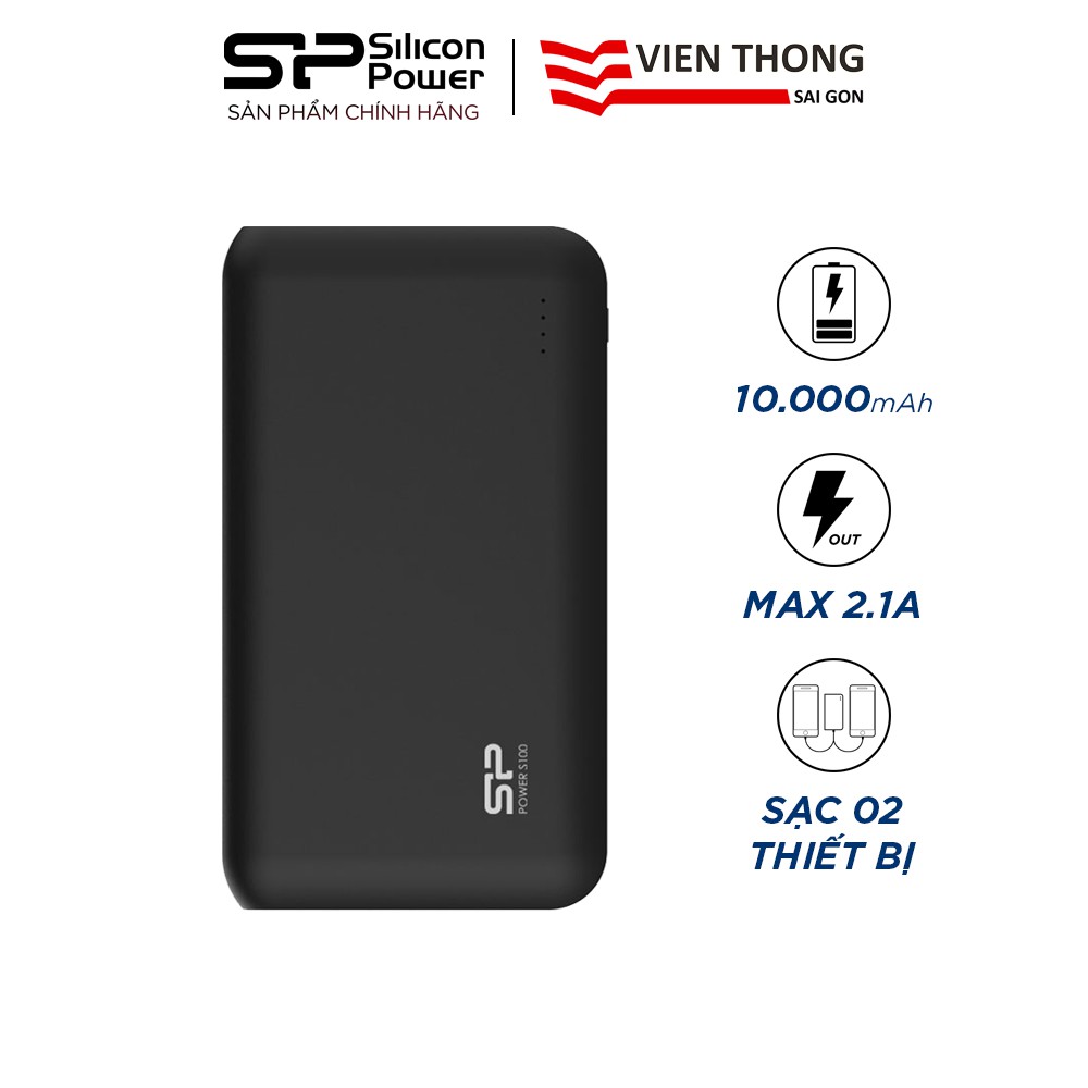 Pin sạc dự phòng Silicon Power S100 10.000mAh hỗ trợ sạc nhanh 2.1A (Đen) - Hãng phân phối chính thức