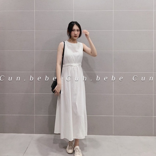 Váy maxi trắng xuông đũi/thô trơn sát nách đi dạo