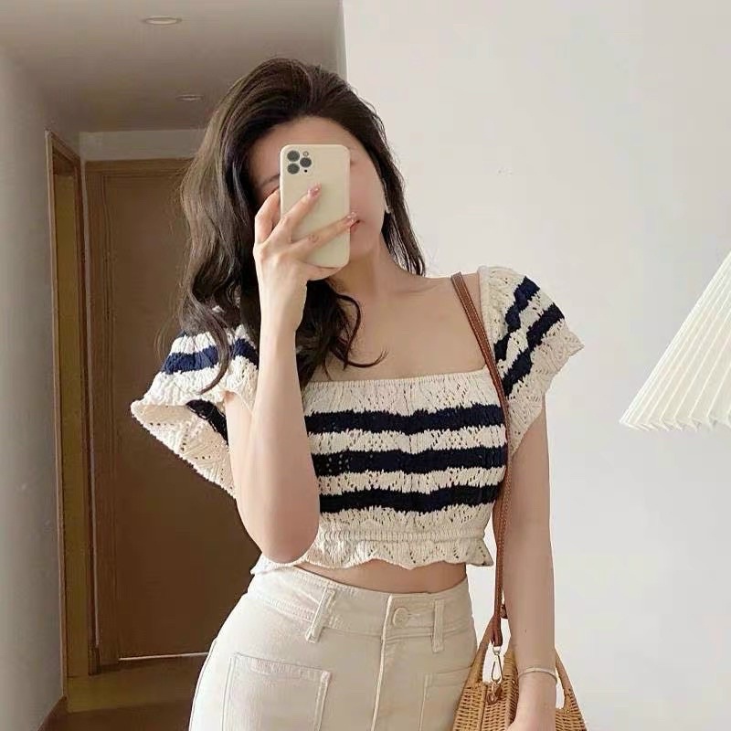Áo len mỏng cổ vuông croptop bo chun, Áo kiểu dáng ngắn tay bồng AL1380 - NhiNhi Shop