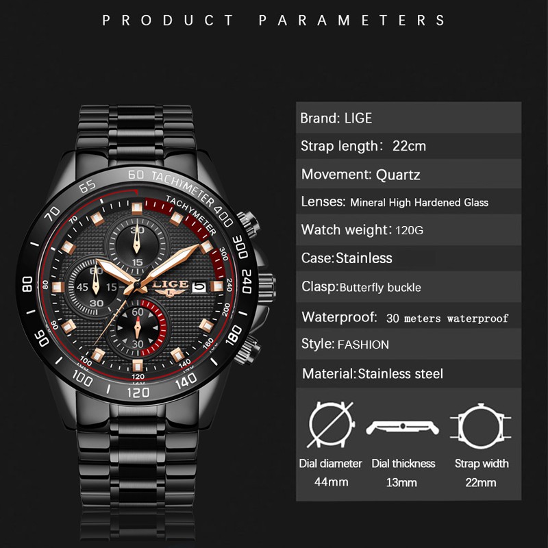 LIGE Men's 9994 Fashion Black Stainless Steel Waterproof Quartz Watch
