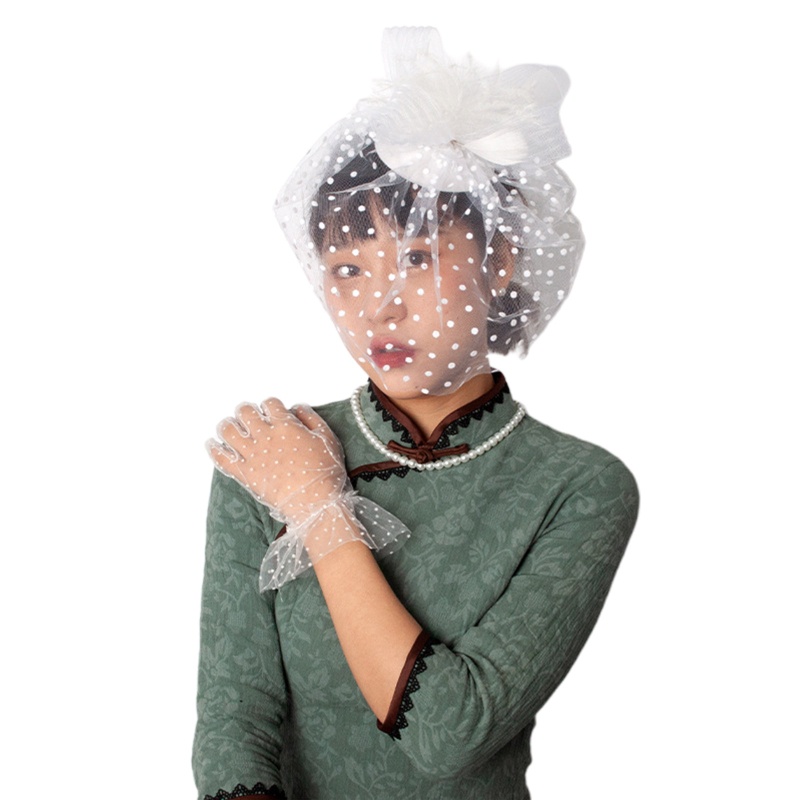 Flgo Găng Tay Ngắn Phối Lưới Đính Lông Vũ Phong Cách Vintage Cho Cô Dâu