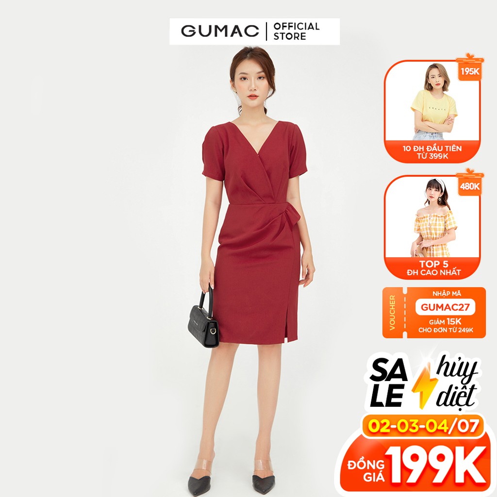 [Mã WABRGU72 giảm 10% tối đa 50k đơn 250k] Đầm ôm nữ phối bèo GUMAC thiết kế quyến rũ màu đỏ DB5108