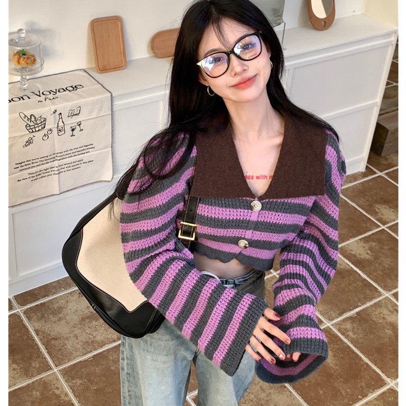 Áo Khoác Cardigan Dệt Kim Cổ polo Họa Tiết Kẻ Sọc Màu Tương Phản Thời Trang