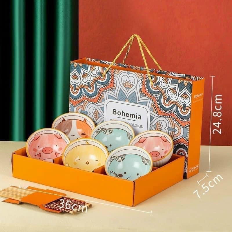 Bộ 6 chén ăn cao cấp bằng sứ decor hình động vật bohemia tặng kèm 6 đôi đũa