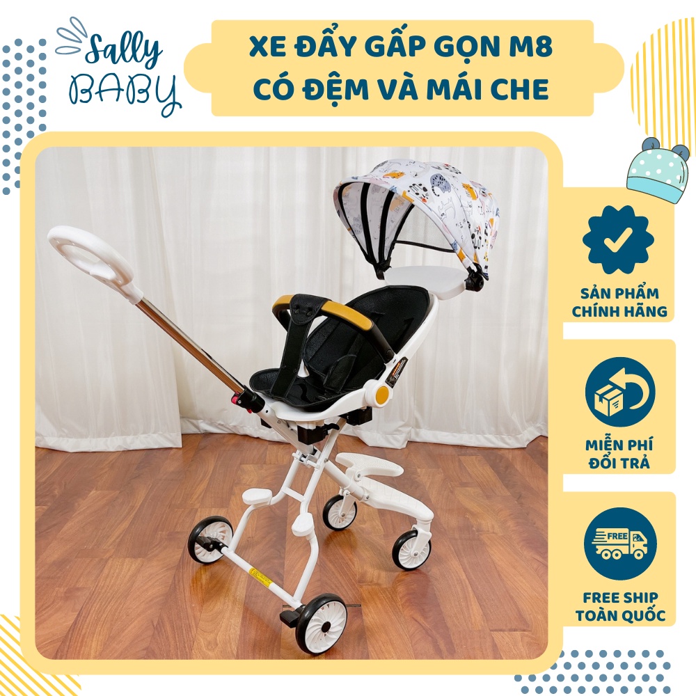 Xe đẩy gấp gọn cho bé ngả ngồi 2 chế độ có đảo chiều M8 màu trắng con vật