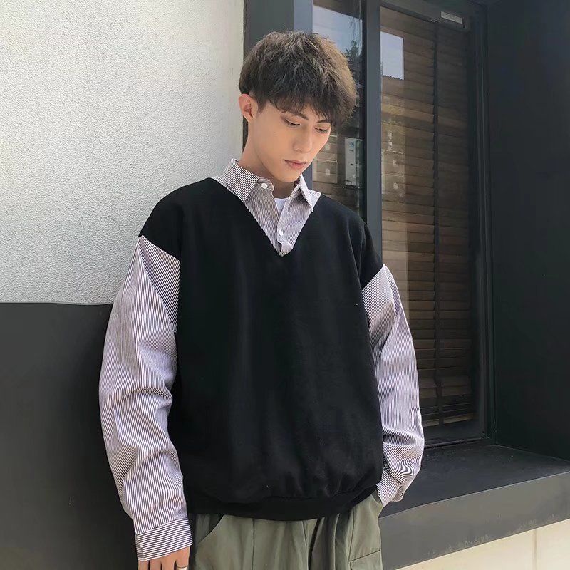 Áo Sweater Giả Hai Lớp Phong Cách Hong Kong Thời Trang Mùa Thu Cho Nam