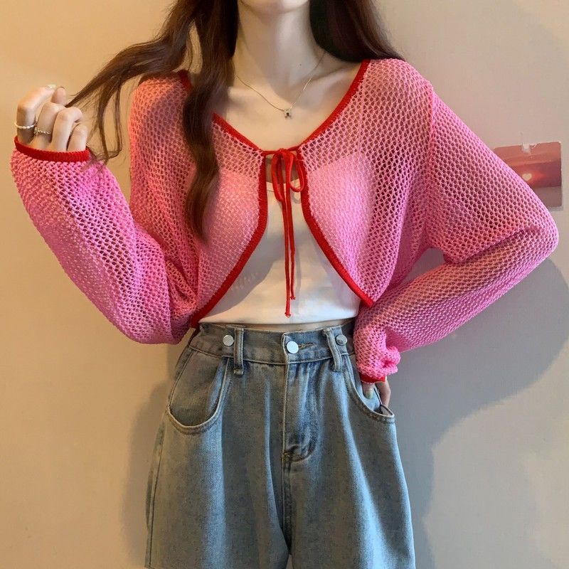 IELGYÁo Dệt Kim Mỏng Cột Dây Màu Sắc Tương Phản Phong Cách Hàn Quốc Thời Trang Mùa Hè Cho Nữ