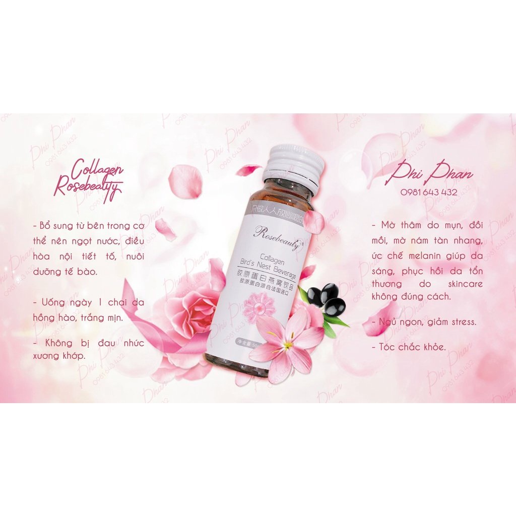 Nước uống đẹp da trắng da chứa yến & collagen Rose Beauty - Hộp 8 chai tiện lợi