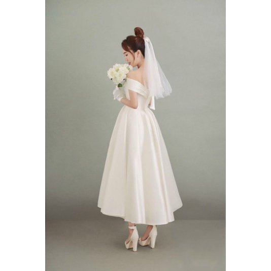 Đầm váy dự tiệc, cô dâu đi bàn form midi xòe phồng trễ vai bẹt vai sang trọng kèm bờm / lưới / lúp cô dâu
