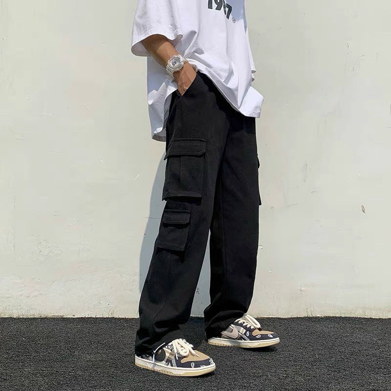 Quần dài túi hộp ống suông chất kaki quần cargo pants ống rộng nam nữ màu đen phong cách đường phố hiphop Đen Official