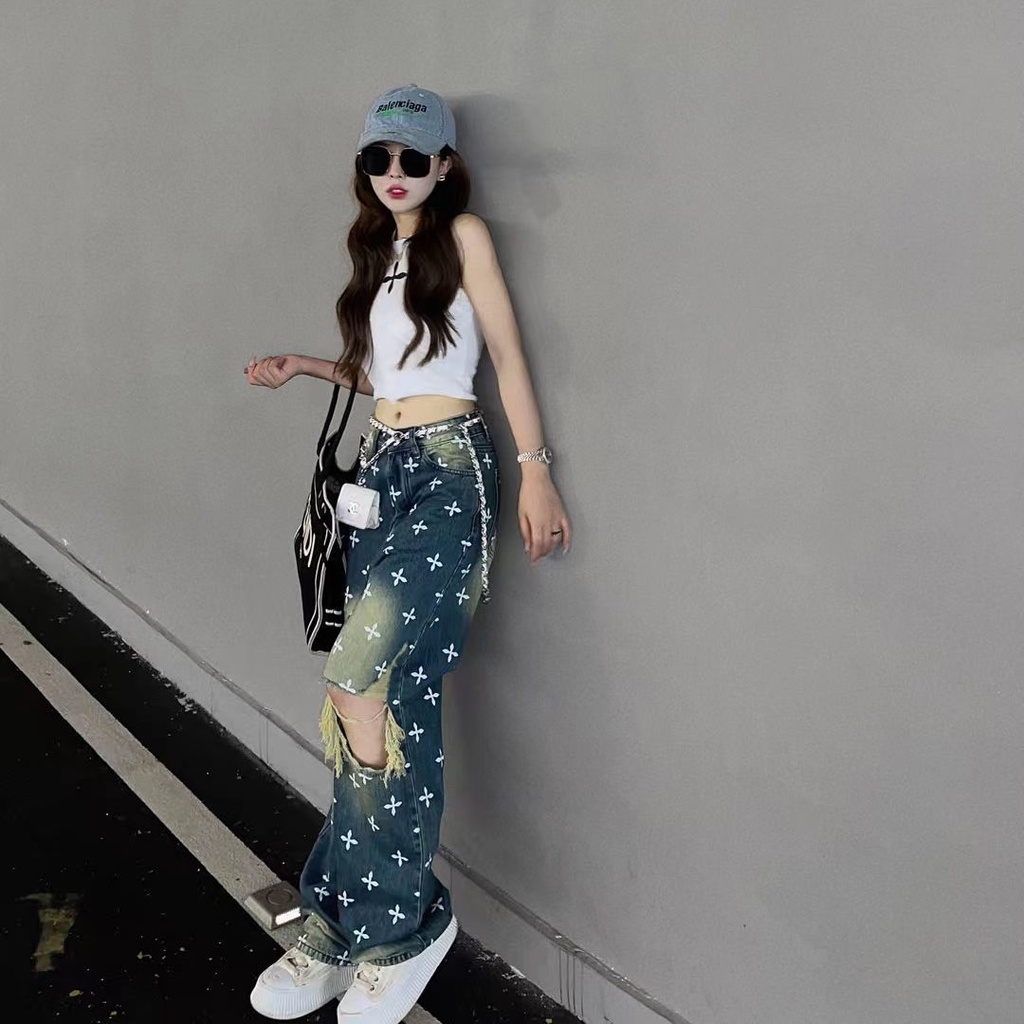 Jiashucheng Quần Jean Ống Rộng Lưng Cao Rách In Họa Tiết Chéo Thời Trang Mùa Hè Kiểu Mới Dành Cho Bạn Nữ