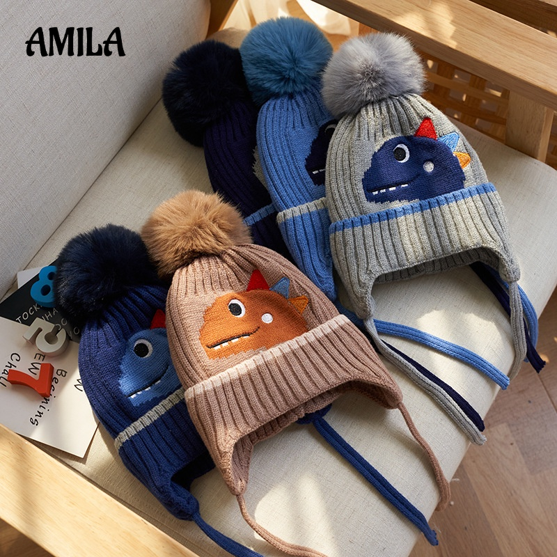 Mũ trùm đầu AMILA len dệt kim bảo vệ tai họa tiết hoạt hình đính quả bông xù giữ ấm đáng yêu dành cho bé