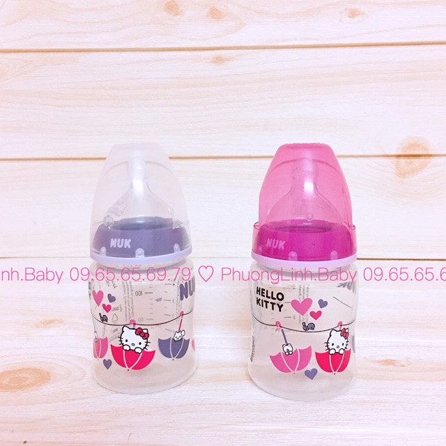 Ảnh Thật, Chính Hãng, Bình Sữa NUK Hello Kitty Premium Choice+ Nhựa PP 150ml, 300ml Núm S1-M, Micky 300ml núm S2-M