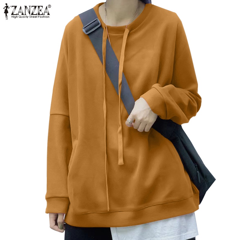 Áo khoác hoodie ZANZEA màu trơn cổ tròn tay dài thời trang dành cho nữ