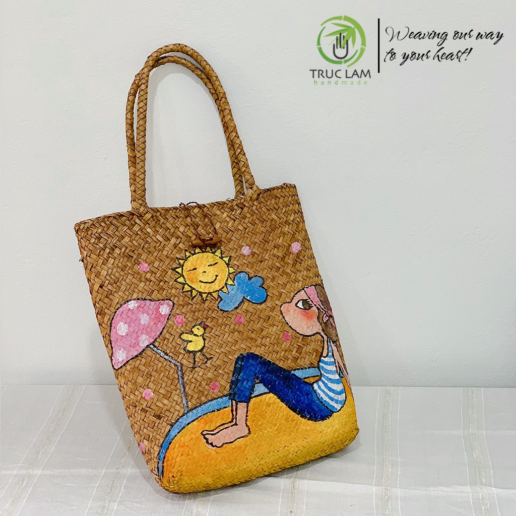 Túi Tre Đeo Vai Nữ Dáng Dài Bện Thủ Công Họa Tiết Vẽ Tay – Trúc Lâm Handmade