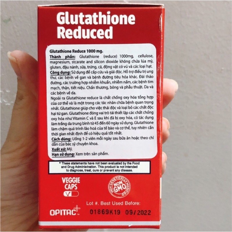 Viên uống trắng da GLUTATHION 1000mg ( USA, Hộp 60 viên) - Làm trắng da, chống lão hoá, giảm nám, giải độc gan | BigBuy360 - bigbuy360.vn