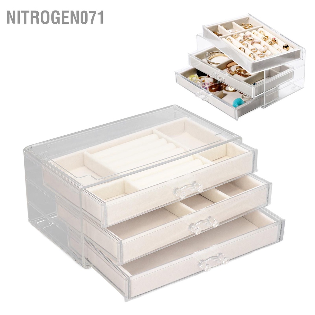 Nitrogen071 HỘP ĐỰNG TRANG SỨC 3 NGĂN KÉO KHUNG MICA MIX KHAY ĐỰNG ĐỒ TRANG SỨC MỚI 2022 - Acrylic màu be Ngăn kéo để bàn Hộp đựng cho Earrings vòng cổ