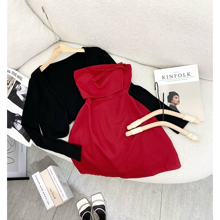 SET ĐẦM ỐNG ĐỎ ĐÍNH NƠ NGỰC KÈM KHOÁC CROP ĐEN