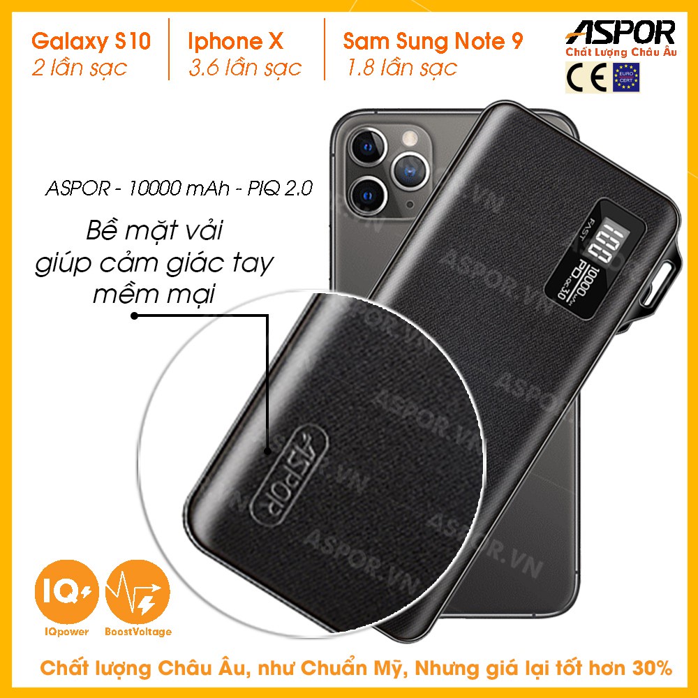 Pin sạc dự phòng hãng ASPOR dung lượng 10000mAh có tích hợp sạc nhanh model A359