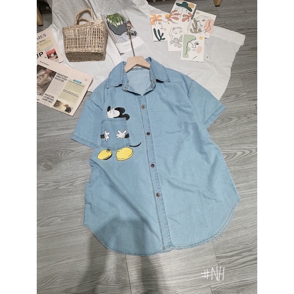 Áo sơ mi bò mickey túi ngực
