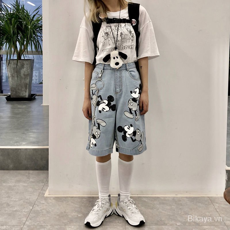 Summer Korean Style Cartoon Printed Mickey Denim Shorts Couple Loose High Waist Straight Wide Leg Cropped Pants for Men and Women