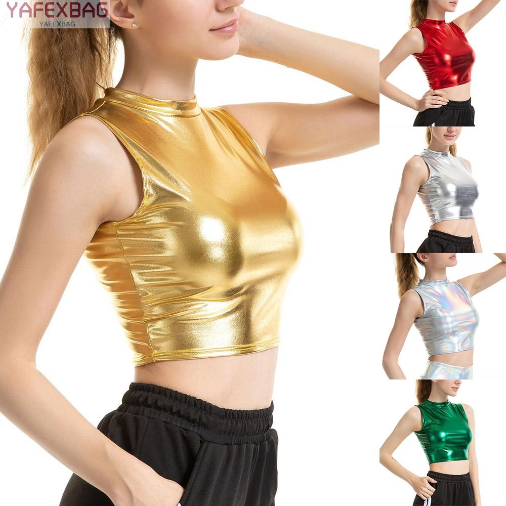 Women Faux Leather Shiny Wetlook Mock Neck Crop Top Vest Tank Top Dance Clubwear