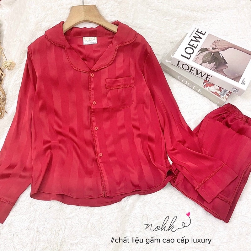 Bộ đồ Pijama Lụa Mặc Nhà NOHK. SET đồ ngủ lụa mềm mịn, nhẹ, thiết kế dáng dài trơn trọc phối viền bèo siêu tiểu thư