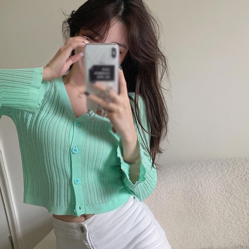 Áo Khoác Cardigan Dệt Kim Tay Dài Màu Trơn Phong Cách Hàn Quốc