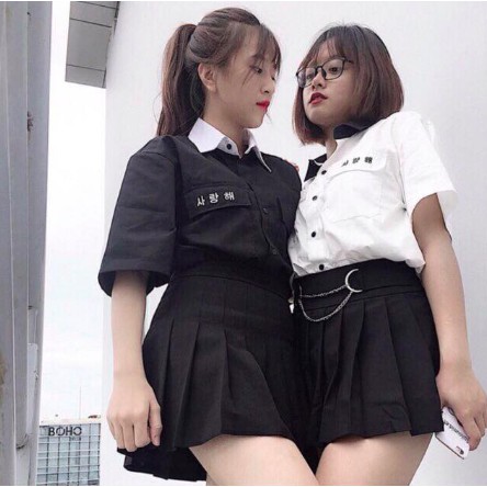 Áo sơ mi trơn cotton thêu trái tim unisex nam nữ couple cặp đôi - trắng đen