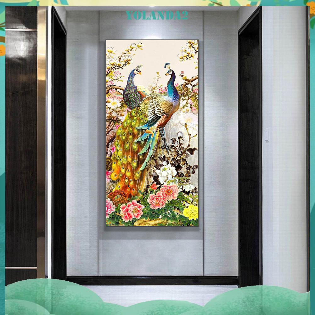 Tranh Đính Đá Tự Làm Hình Con Công Màu Vàng Kim Cương