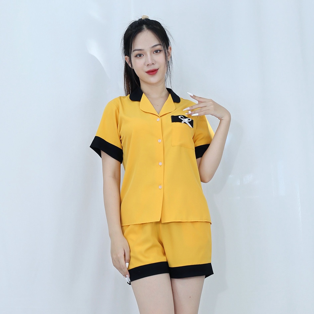 Bộ đồ bộ Pijama NGẮN VÀNG PHA CỔ ĐEN ĐIỂM NHẤN NƠ TÚI CỰC XINH vải  lụa cao cấp -  Thoải Mái Nhẹ Nhàng