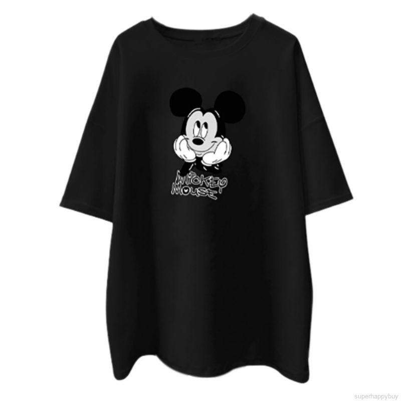 Áo thun dáng dài tay ngắn dáng rộng in họa tiết chuột mickey hoạt hình phong cách Hàn Quốc harajuku dành cho nữ