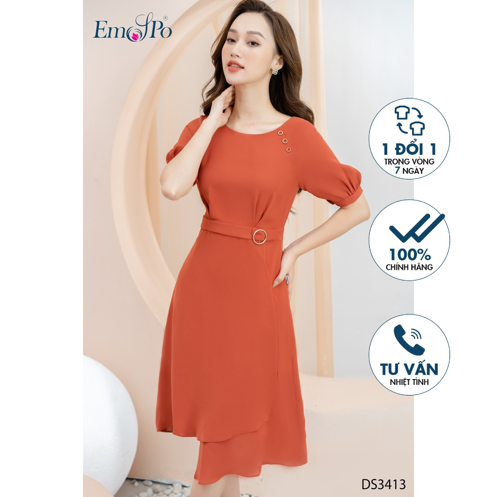 Đầm xòe, tà lệch 2 tầng, đai eo thân trước trang trí mặt tròn Emspo DS3413