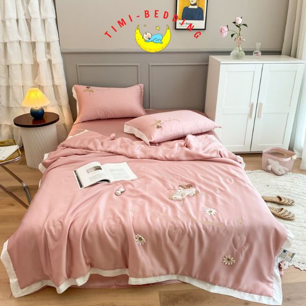 Bộ chăn ga gối tencel họa tiết nhiều màu sắc nhập khẩu cao cấp set 4 món chăn trần – Timibedding