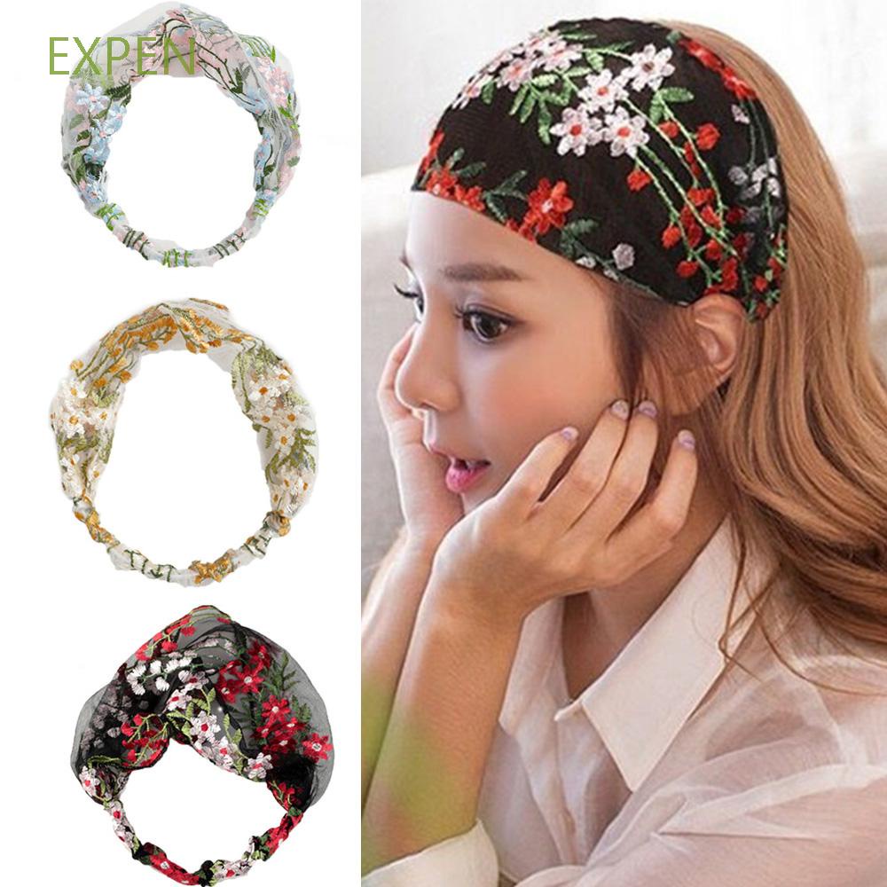 Băng Đô Cài Tóc Bản Rộng Phối Ren Thêu Họa Tiết Hoa Nhiều Màu Phong Cách Retro Hàn Quốc Cho Nữ