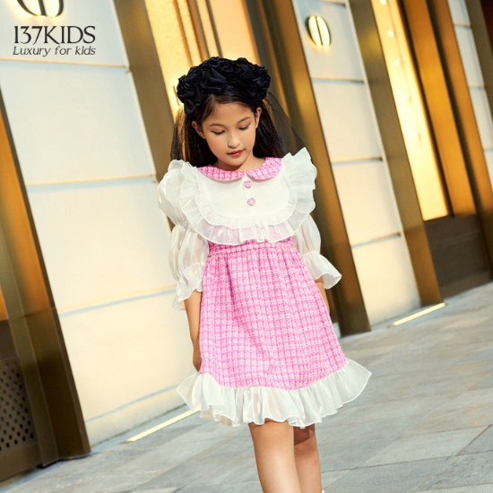 Váy dạ tweed dài tay Pinky 137Kids thiết kế cổ bèo sang chảnh cho bé gái