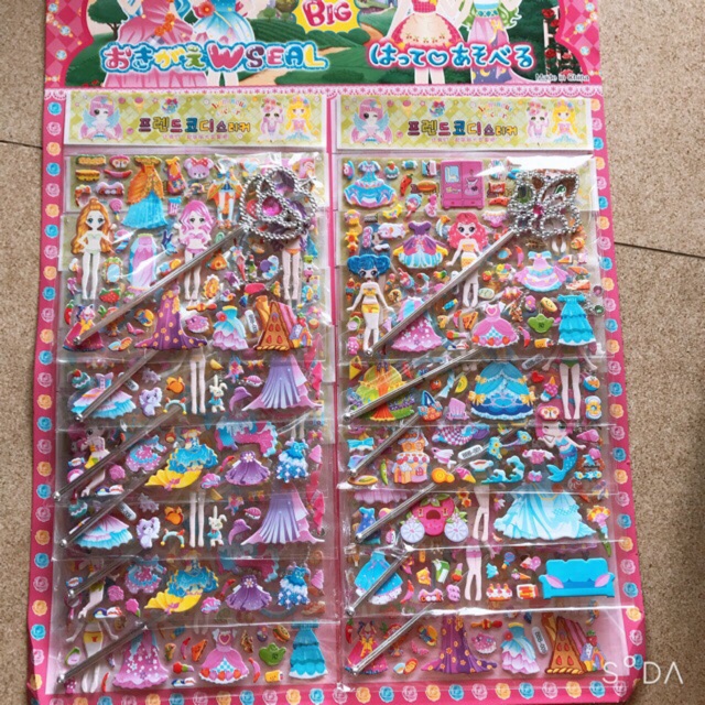 Sỉ vỉ dán sticker nổi kèm gậy phép thuật công chúa ( vỉ 12 bộ)