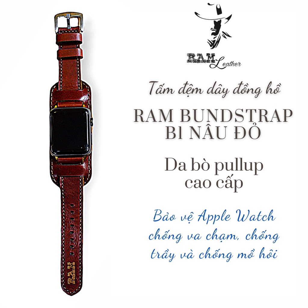 Tấm đệm dây apple watch chống mồ hôi da bò nâu đỏ kiểu quân đội handmade bền chắc cực đẹp RAM Leather B2