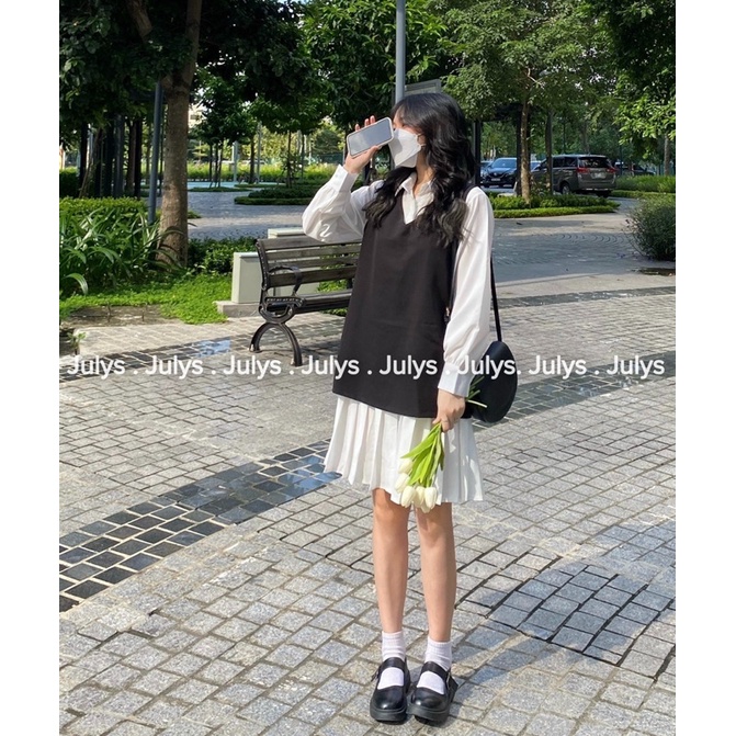 [Mã 55FASHIONSALE giảm 12% đơn 99K] SET YẾM váy xếp li đen trắng kèm đai (ảnh thật shop chụp kèm video cận chất)